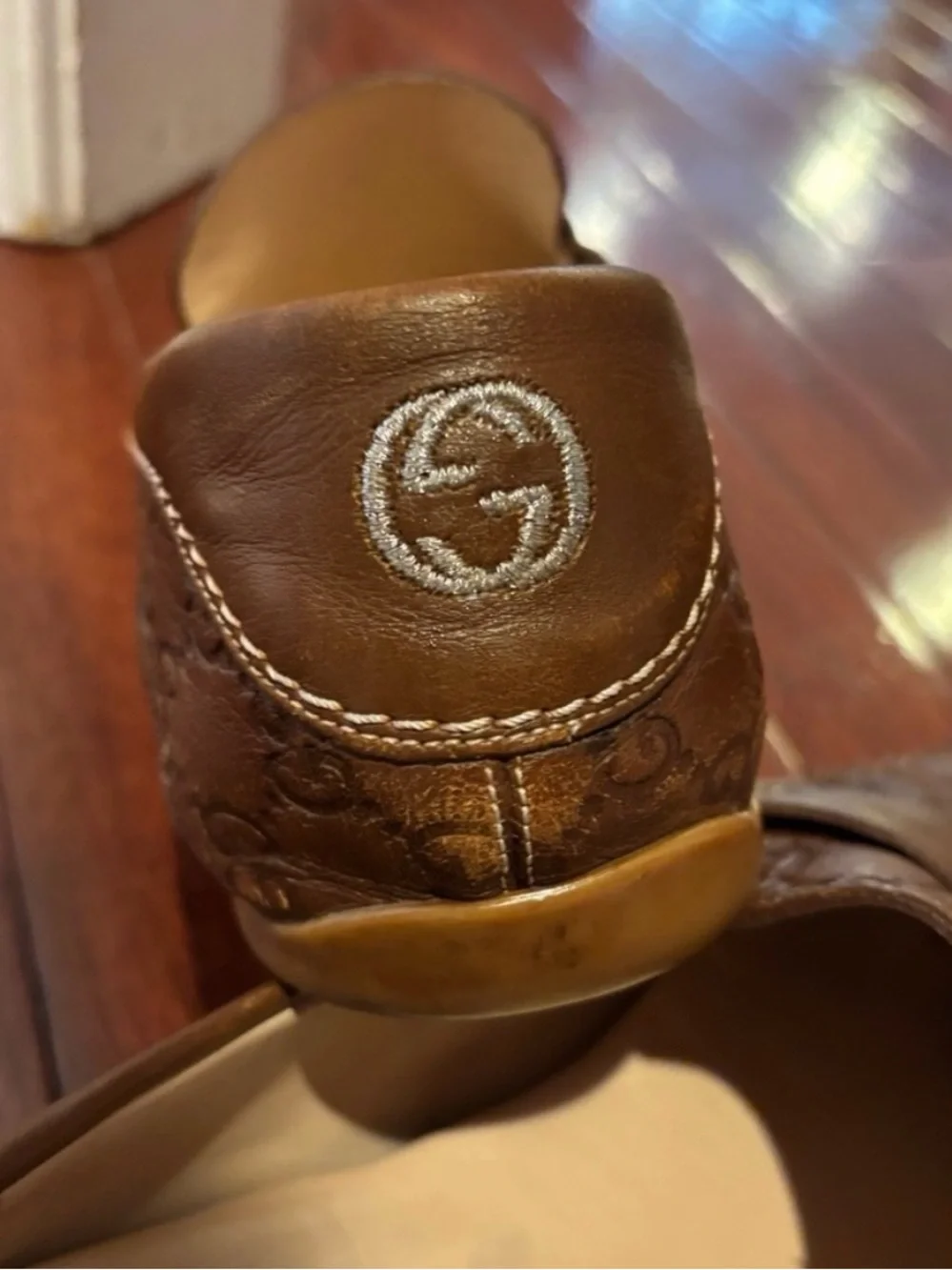 Gucci Brown Leather Embossed Penny Loafers